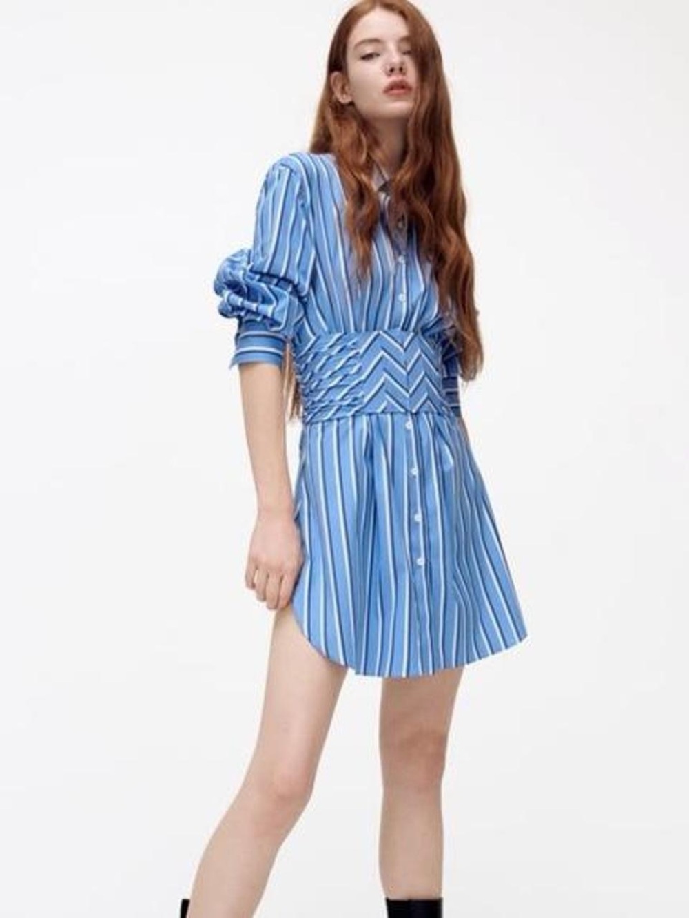 Zara Blue and White Striped Mini Shirt Dress
